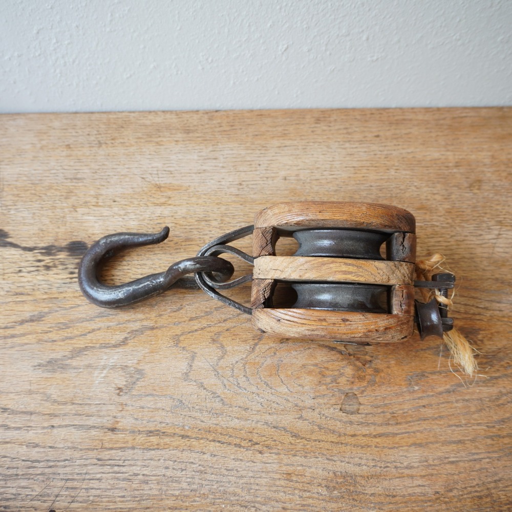 Antique Wood Double Pulley Block Iron Swivel Hook Primitive Industrial Decor